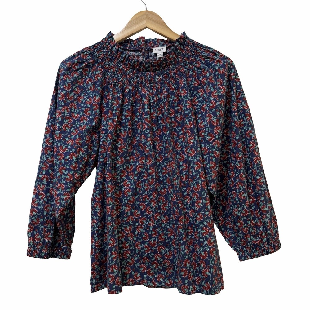 J Crew Womens Smocked Floral Peasant Blouse Top Size S Navy Preppy Bloomcore NWT